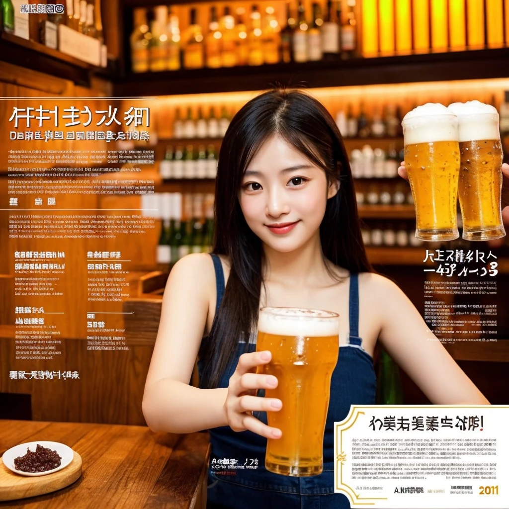 Beer promotion flyer, 1 asian girl holding 2 glasses of beer