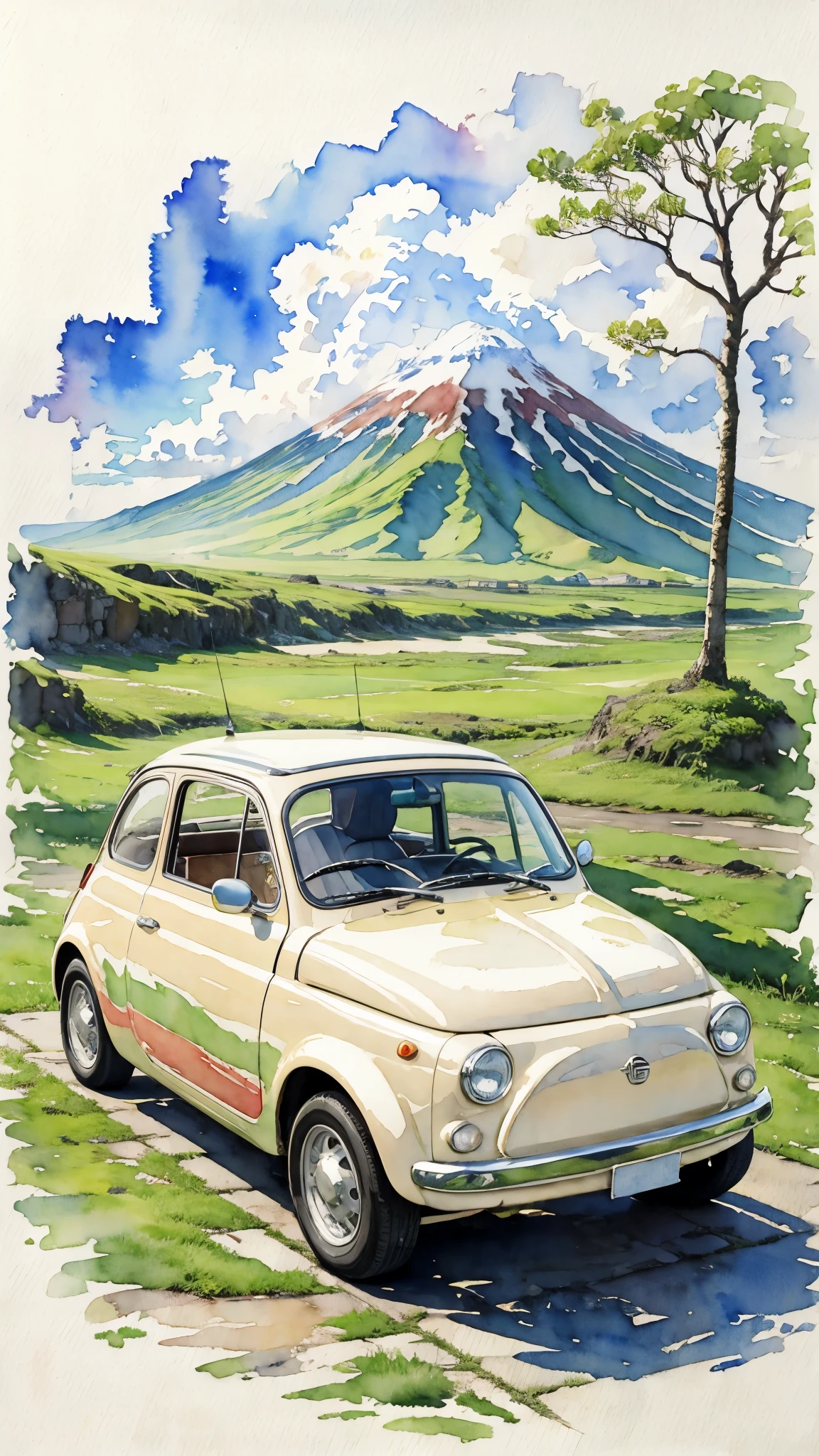 (masterpiece:1.2, Highest quality),(Very detailed),(((watercolor))),8K,wallpaper,Cream-colored Fiat 500,America,Ride through Hawaii Volcanoes National Park,(((Ghibli style))),透明watercolor