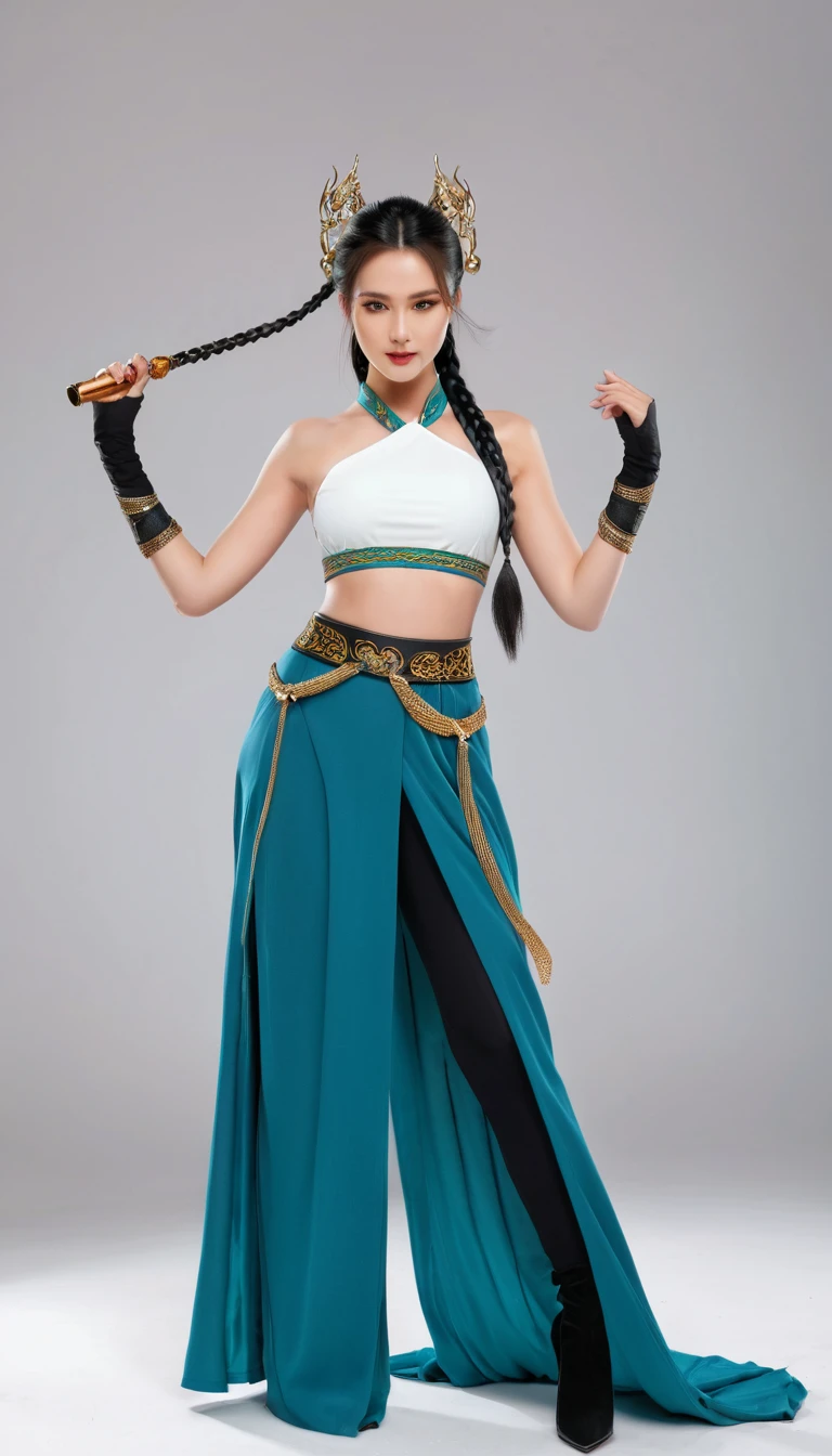 Full body shot of a Asian woman as she holds a master+ne elect rugai in her right hand, wearing an outfit inspired by water and fire elements, with teal blue leggings, a white top with gold details on the , and black high heel boots. She has long hair tied back into two braids, one arm mounted to the hilt and the other pointing at her chest that shows full energy from a magic effect, with smoke around all equipment. Full body pose against a white background, in the style of magic and fantasy.xianxia,solo