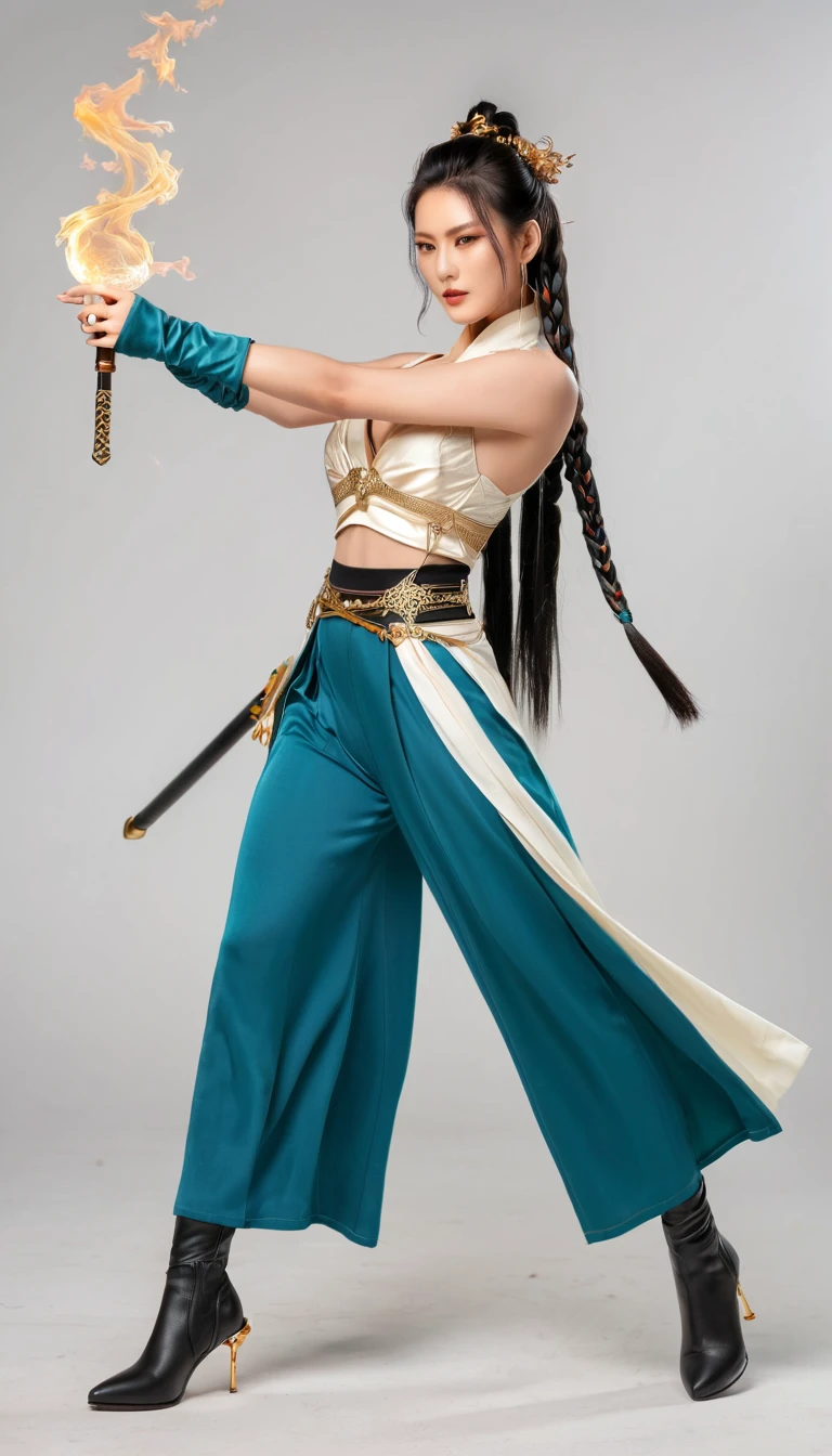 Full body shot of a Asian woman as she holds a master+ne elect rugai in her right hand, wearing an outfit inspired by water and fire elements, with teal blue leggings, a white top with gold details on the , and black high heel boots. She has long hair tied back into two braids, one arm mounted to the hilt and the other pointing at her chest that shows full energy from a magic effect, with smoke around all equipment. Full body pose against a white background, in the style of magic and fantasy.xianxia,solo