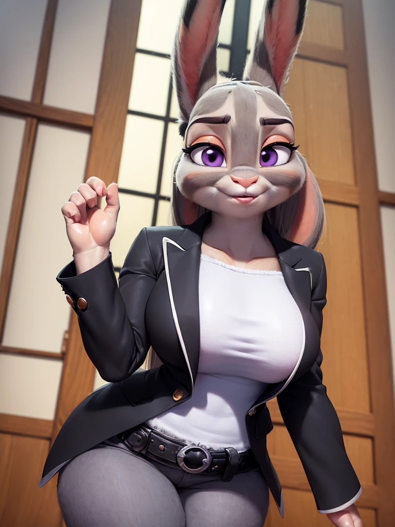 best quality,
masterpiece,
super detail,
3D,
Portrait,
fun atmosphere,
(((solo))),
(((1 female))),
furry,
anthropomorphic female
fine coat,
bloom office,
(Face is JudyHopps:1.4),
(straight hair:1.3),
(see-through bangs:1.3),
wispy bangs,
bright purple eyes,
(raised eyebrows:1.1),
(rabbit ears:1.1),
Body is NamiFinal,
Body covered with rabbit fur,
(body is gray with fluffy and fluffy:1.3),
(skin is wool fabric with fluffy and fluffy:1.3),
office lady is wearing suit,
((White blouse)),
((Black blazer jacket)),
((Black pants)),
clothes made of cotton,