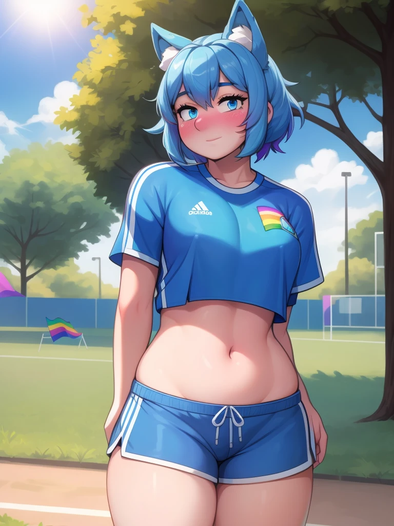 (Masterpiece) (High Detail) (High Res) A close up of a short humanoid girl with pale human skin and blue eyes and long blue hair and blue dog ears and a fluffy blue dog tail and average breasts. She is stood in a park wearing a oversized baggy cropped soccer jersey cropped t-shirt and a denim short-shorts. She has her hands behind her back out of shot. She has blushing cheeks. There is a pride parade with rainbow flags and rainbow clothes all around.