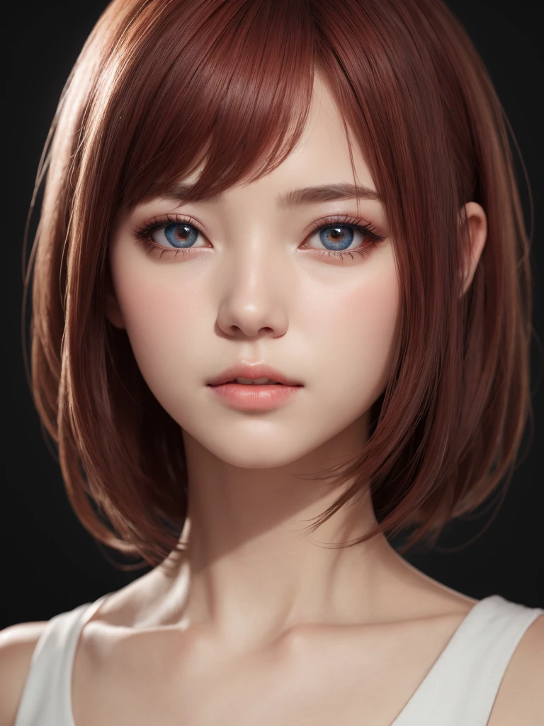 1girl, star eye, blush, perfect illumination, red hair, red eyes, unreal engine, sidelighting, detailed face, bangs, bright skin, simple background, dark background, 