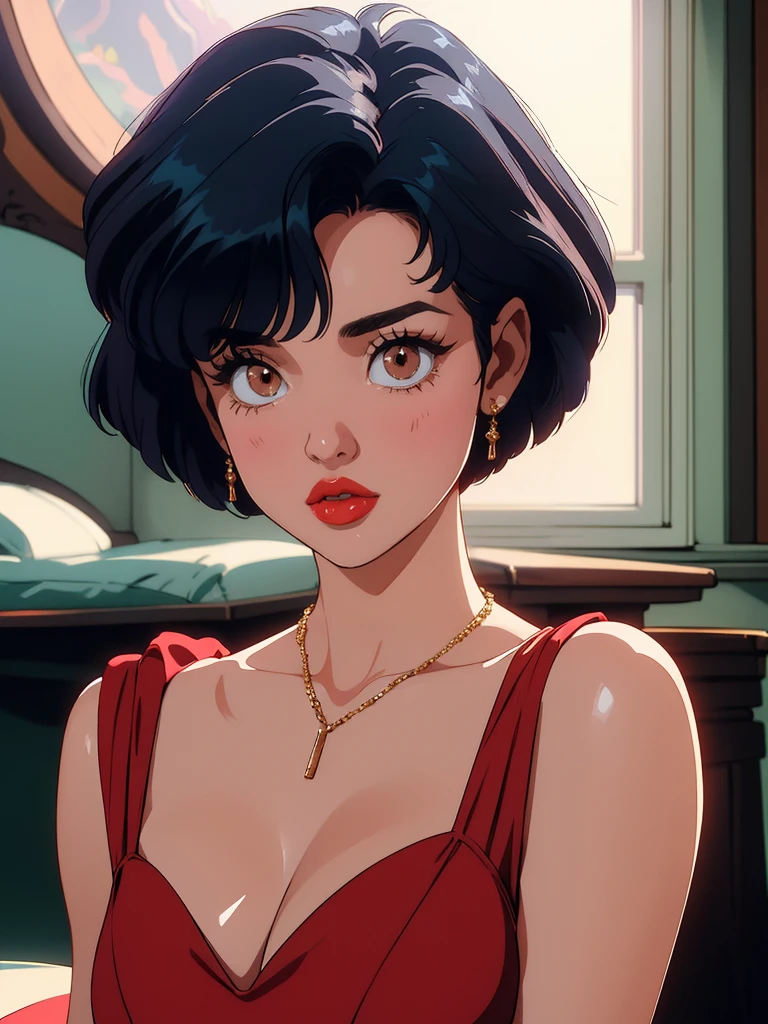 1girl, detailed facial features, beautiful intricate eyes, alluring red lips, long eyelashes, delicate skin, dynamic pose, elegant vintage dress, retro pin-up style, cinematic lighting, warm color palette, (best quality,4k,8k,highres,masterpiece:1.2),ultra-detailed,(realistic,photorealistic,photo-realistic:1.37),cinematic,dramatic,film noir, akane_tendo-ranma, portrait, 