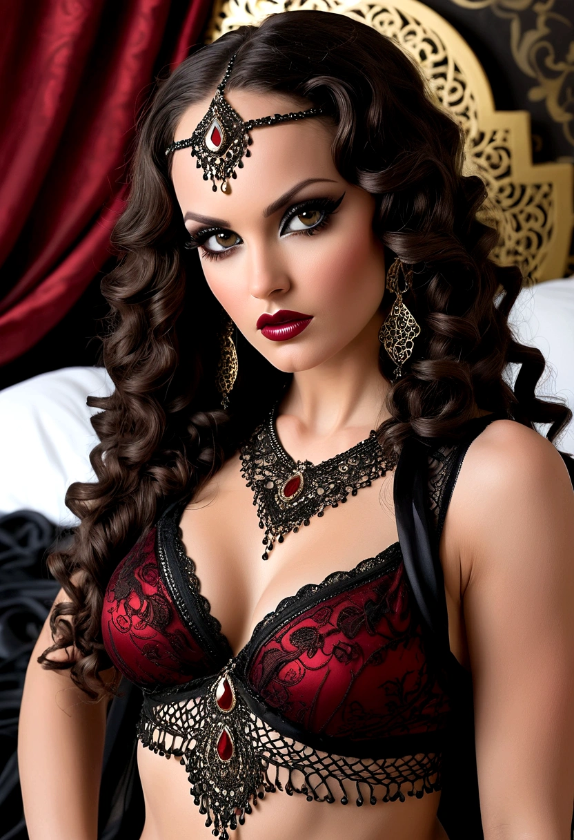 Tori Black arabian belly dancer, ringlets wavy five feet long black hair, dark red glossy lips, heavy black eye shadow long black eyeliner, black lace beautiful and creative sleeveless veils belly dancer outfit, incredible and fantastic with no gaps face mask, forehead lace ornament, posing on a sensual bed fierce expression dark ambience. No faces on her chest!
