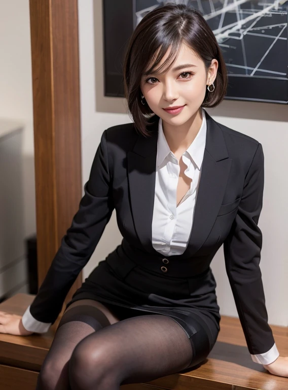 (8K, Highest quality, masterpiece:1.2), (Realistic, Realistic:1.37), Super detailed, 1 Girl, whole body, Outdoor, (Tuned Hair:1.5) office lady, black office blazer, Office Skirt, (pantyhose: 1.2), (Short Button Down Shirt: 1.2), Button-up collar prim, Button-down collar prim, good, (pantyhose: 1.2), Alpha Layer, High heels, Beautiful earrings, cute, alone, Beautifully detailed skies, (smile: 1.15), (Mouth closed), Small breasts, Beautiful attention to detail, business suit, (short hair: 1.2), Floating Hair NovaFrogStyle,garter belt、Mature look、whole body画像