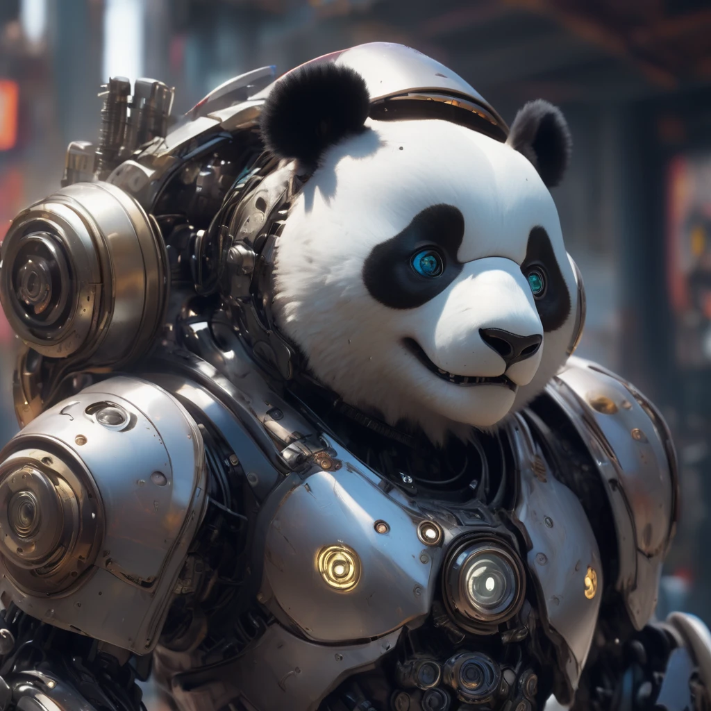a giant panda in robot armor, highy detailed, photo realist, complex machinery, futuristic design, glare eyes, dynamic pose, dramatic lighting, swirly vibrant colors, film composition, (best qualityer, 4K, 8K, high resolution, Masterpiece artwork: 1.2 ),ultra detali, アニメ