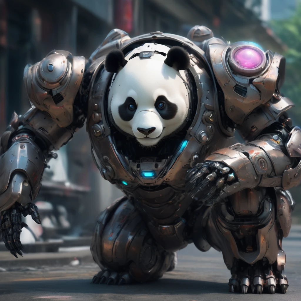 a giant panda in robot armor, highy detailed, photo realist, complex machinery, futuristic design, glare eyes, dynamic pose, dramatic lighting, swirly vibrant colors, film composition, (best qualityer, 4K, 8K, high resolution, Masterpiece artwork: 1.2 ),ultra detali, アニメ