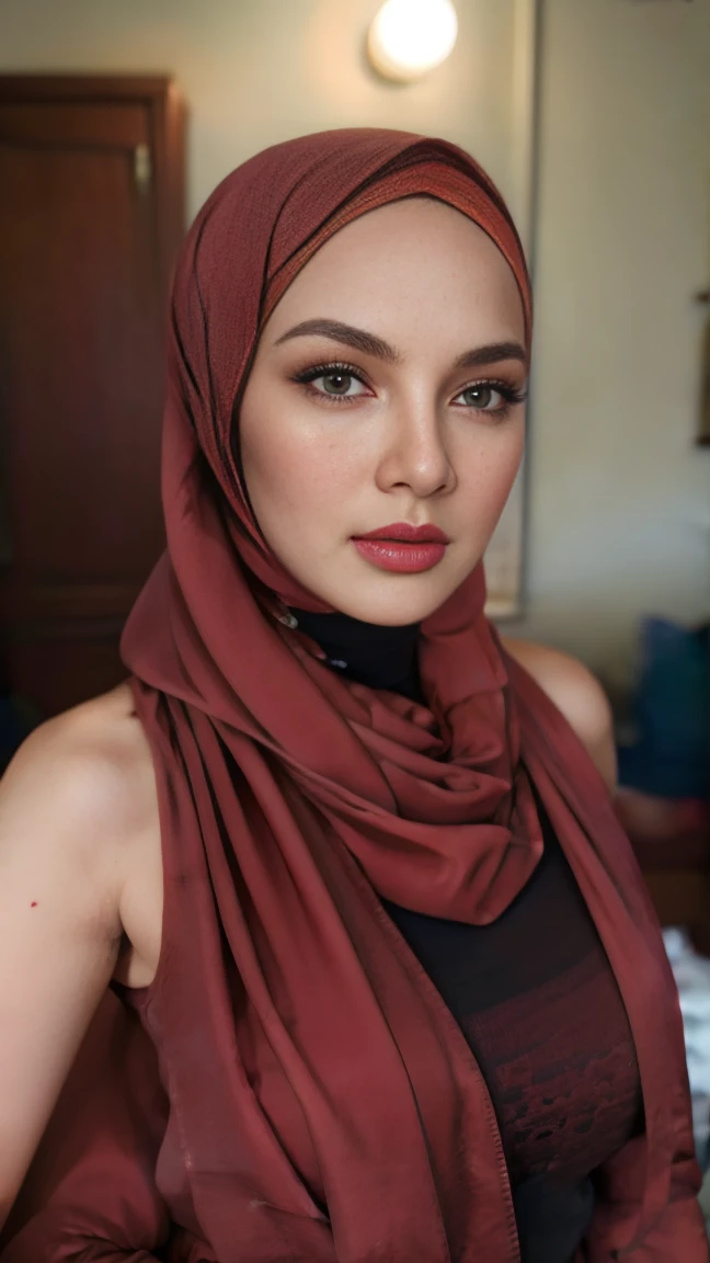 A woman with red hijab, Realistic, Photorealistic, 8K, Masterpiece, Best Quality, High Definition, Live Action, RAW Photo, Single Woman, Beautiful Body, boob, Sexy, naked, NSFW, Married Woman,  