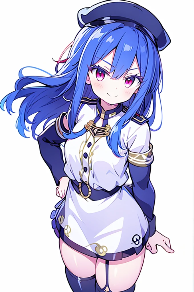 (masterpiece),best quality, perfect face, 1girl, evil smile, hands on waist, beautiful, blue hair, blue hair, floating clothes, waist grab, grabbing waist, red eyes, hands on hips, legs on ground, flat chest, military suit, uniform, miniskirt, black leather thigh boot, leather gloves, white background, military uniform, military, looking at the viewer, military hat