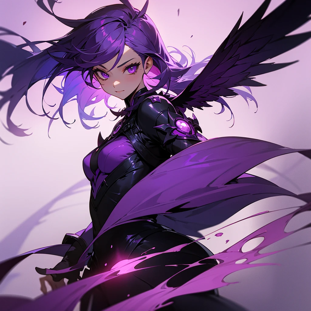 dark background, Purple and orange flames on background, girl with Purple hair and purple eyes tearing, purple wings, Dark Fantasy