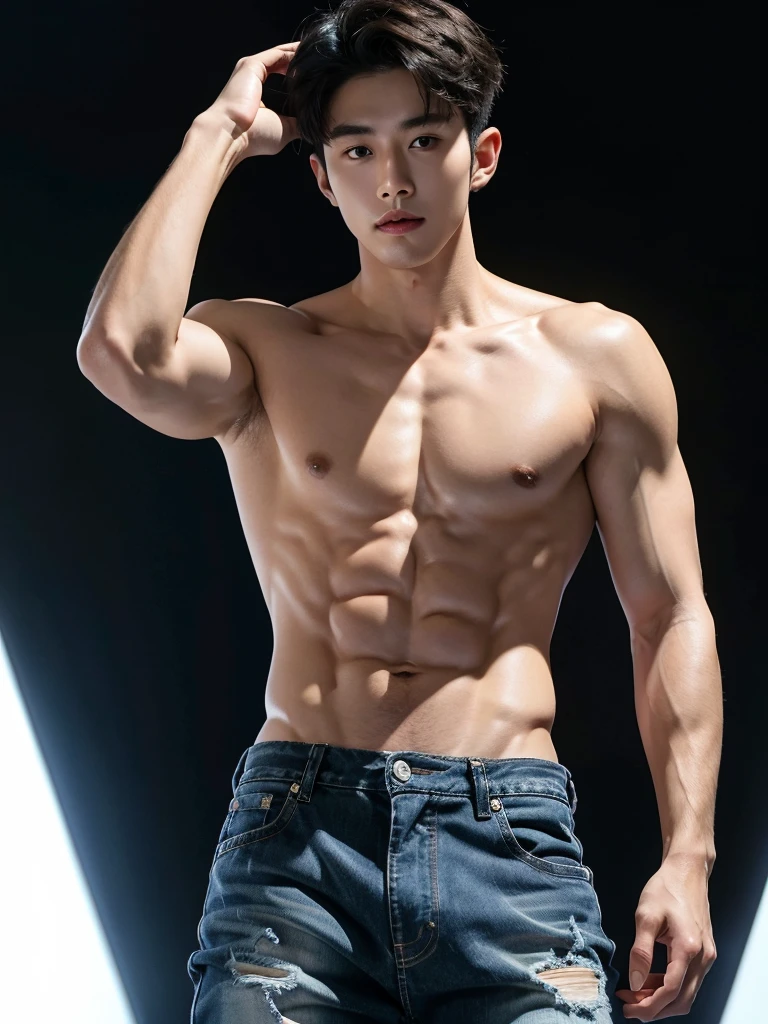 25 year old handsome korean, solo, (no shirt),no top wear ((show abs 6 pack)), black sagged jean, 