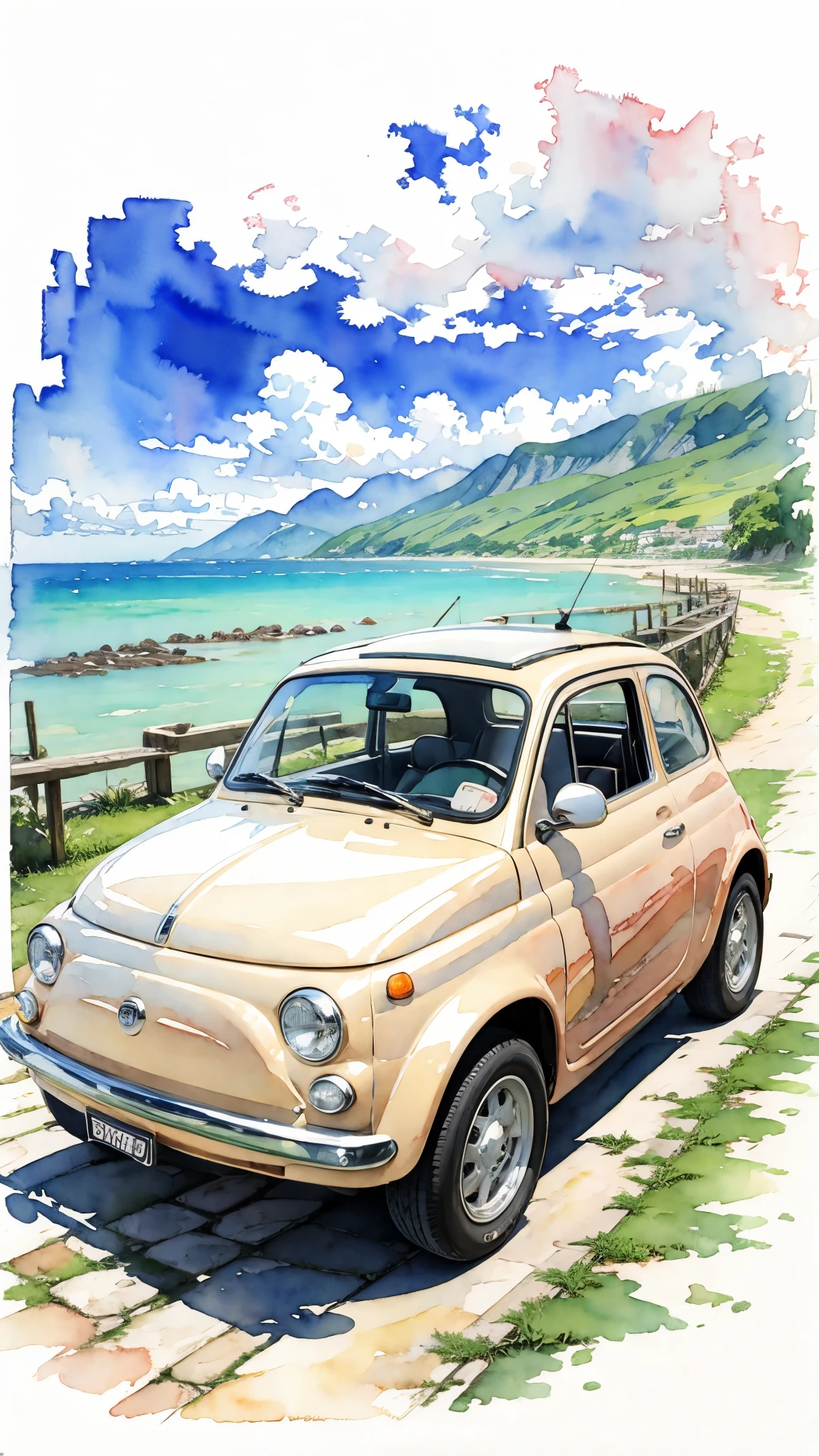 (masterpiece:1.2, Highest quality),(Very detailed),(((watercolor))),8K,wallpaper,Cream-colored Fiat 500,Australia,Ride the Great Barrier Reef,(((Ghibli style))),透明watercolor