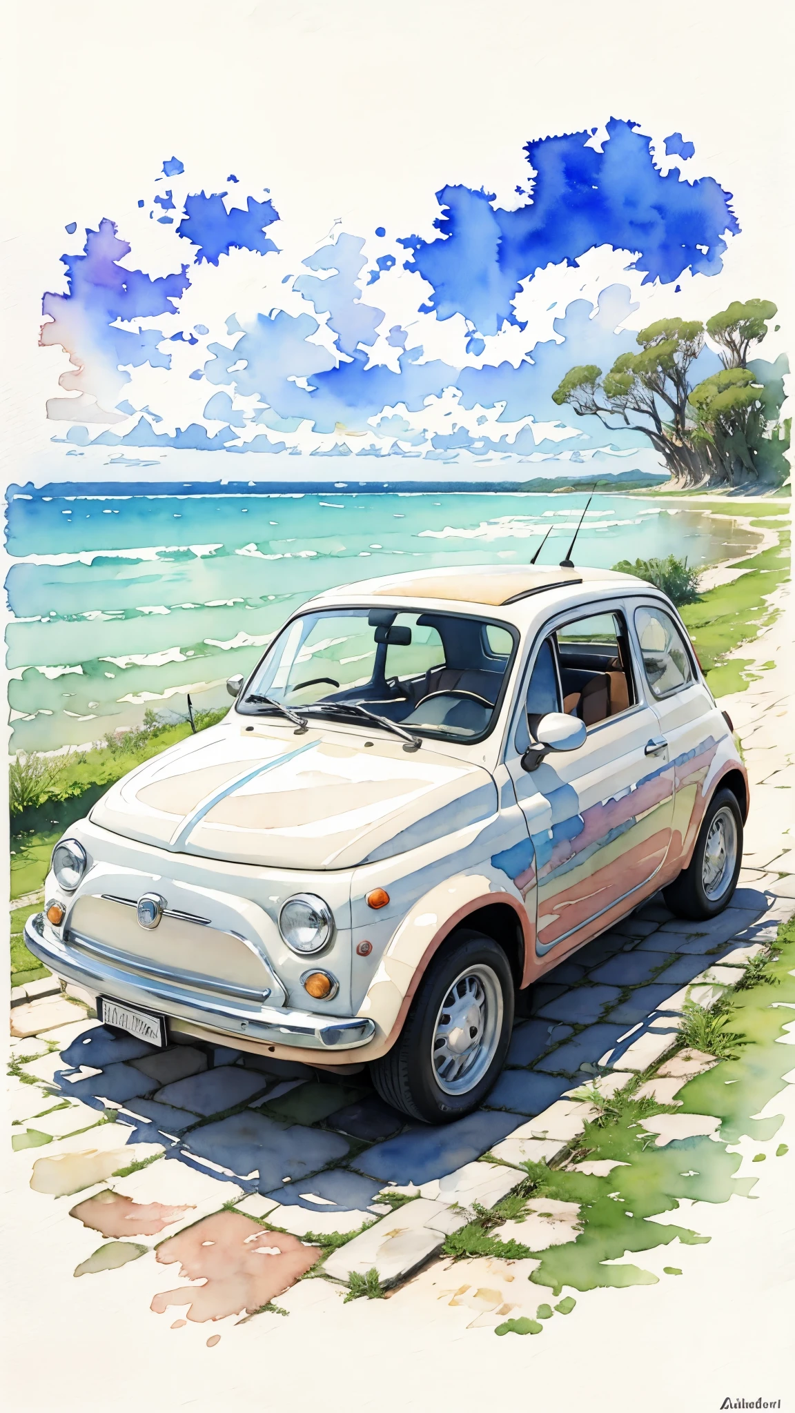(masterpiece:1.2, Highest quality),(Very detailed),(((watercolor))),8K,wallpaper,Cream-colored Fiat 500,Australia,Ride the Great Barrier Reef,(((Ghibli style))),透明watercolor