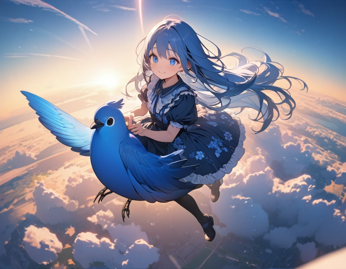 (8K, best quality, master piece: 1.2), super high resolution,1girl,,ultra-detailed face, detailed eyes,Very long hair,blue hair,the girl is walking in the air straddling and riding on a large blue bird,enjoy,smile,Wearing floral pattern blue ruffle dress,The blue bird is big and graceful and carrying a dwarf girl on its back,above the sky,crepuscular rays,Blue sky,aerial shot
