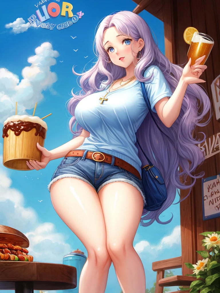 pixar style film cover called pixar. a 32-year-old white woman, long and wavy hair, She has big lips and a mole on her chin. She wears a blue sweatshirt and a small gold necklace with a very small cross. She likes BBQ and beer and is having a birthday, wear short tight shirt:0.5, wear shorts skirt:0.3. huge breasts