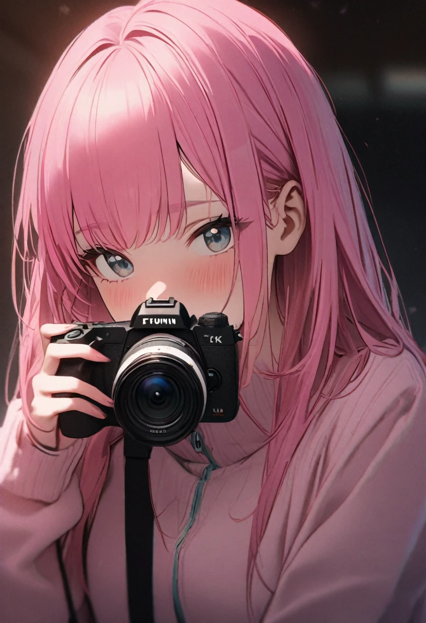 coldgirl, RAW photo, a portrait of sxeyez, (pink hair: 3) , gotou, hair ornament, cube hair ornament, track jacket , (high detailed skin:1.2), 8k uhd, dslr, soft lighting, high quality, film grain, Fujifilm XT3