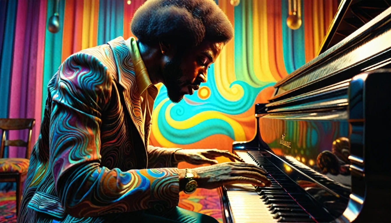 1970s, black man playing a piano, psychedelic atmosphere, cinematic action, masterpiece, super detail, textured skin, atmospheric perspective,