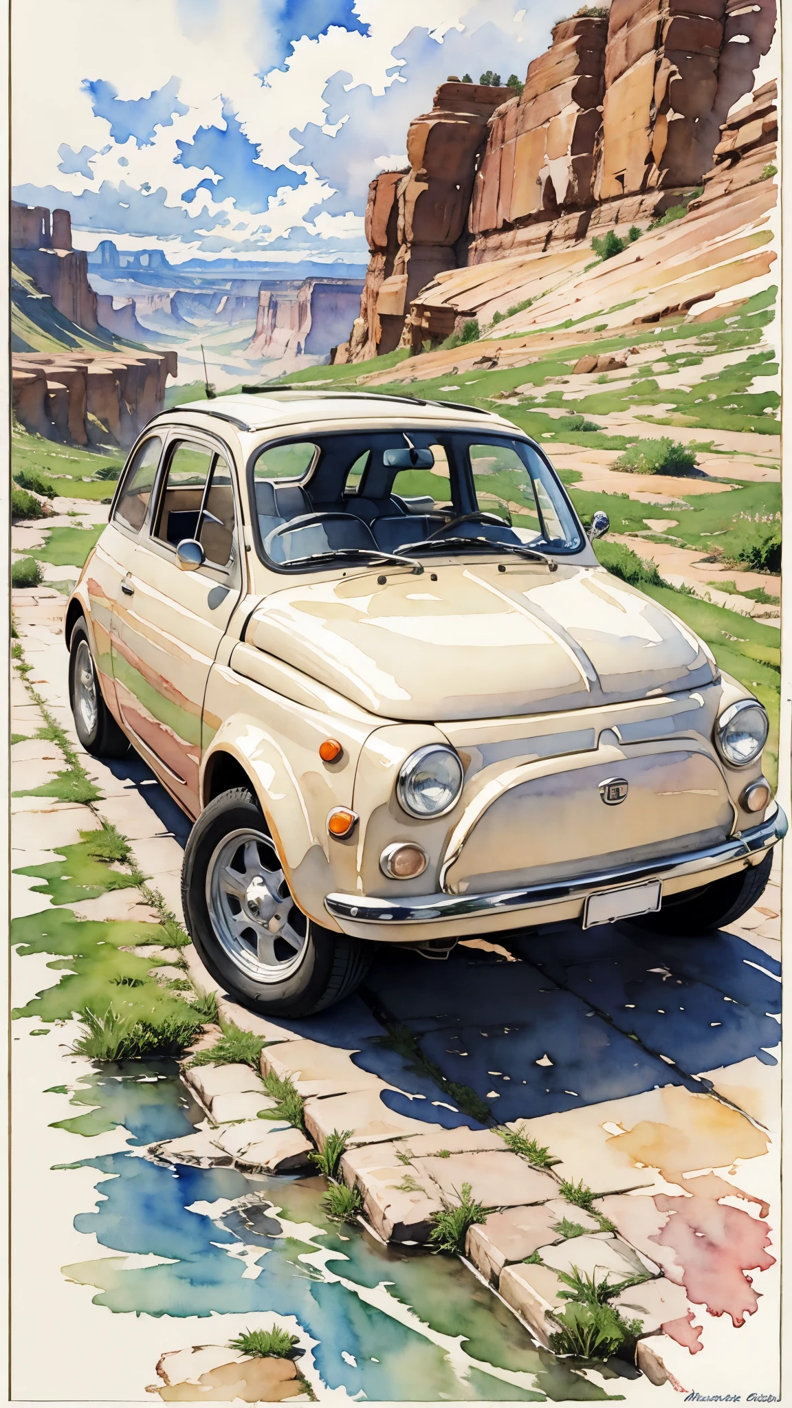 (masterpiece:1.2, Highest quality),(Very detailed),(((watercolor))),8K,wallpaper,Cream-colored Fiat 500,America,Driving through Grand Canyon National Park,(((Ghibli style))),透明watercolor