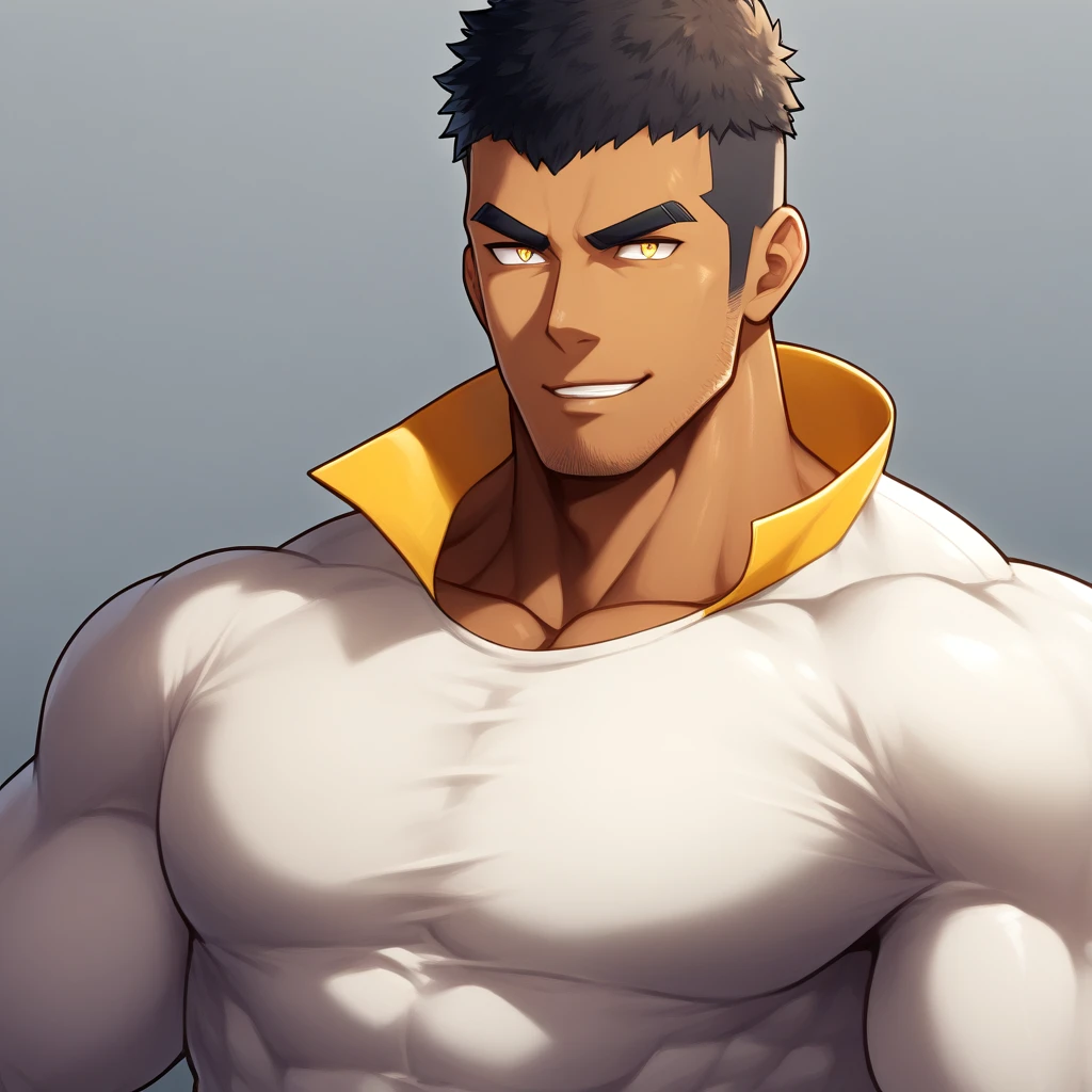 anime characters：Gyee, Muscle Sports Student, negro black skin, 1 dark skin muscular tough guy, Manliness, male focus, Light yellow high collar long sleeve tight T-shirt, Very tight, Round, full and perky chest muscles, Slightly transparent, muscular male, muscular, only, Upper body, alone, Black short hair, Thick eyebrows, stubble, Yellow eyes, Grey background, simple background, amazing quality, best aesthetics, Ridiculous, bright pupils, crew cut, parted lips, seductive smile, torogao, naughty face, drop shadow, best quality