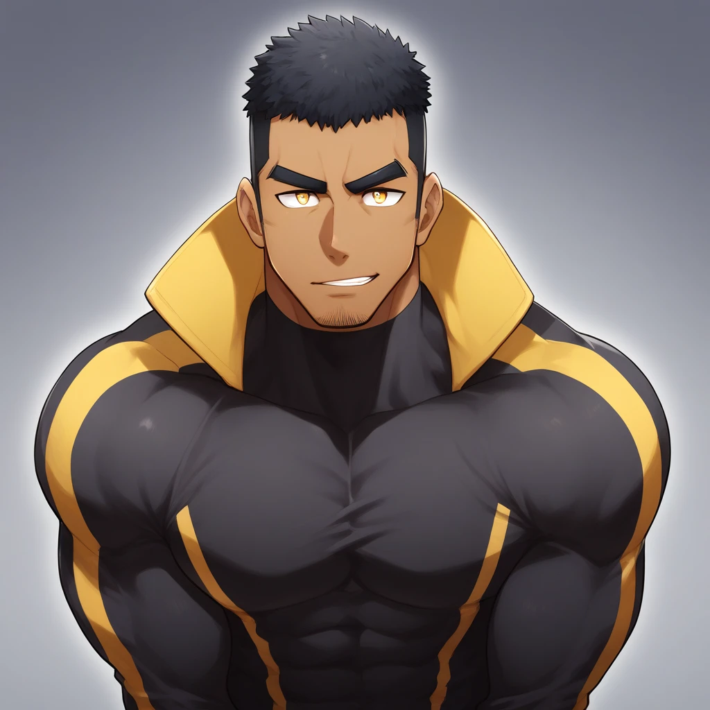 anime characters：Gyee, Muscle Sports Student, negro black skin, 1 dark skin muscular tough guy, Manliness, male focus, Light yellow high collar long sleeve tight T-shirt, Very tight, Round, full and perky chest muscles, Slightly transparent, muscular male, muscular, only, Upper body, alone, Black short hair, Thick eyebrows, stubble, Yellow eyes, Grey background, simple background, amazing quality, best aesthetics, Ridiculous, bright pupils, crew cut, parted lips, seductive smile, torogao, naughty face, drop shadow, best quality