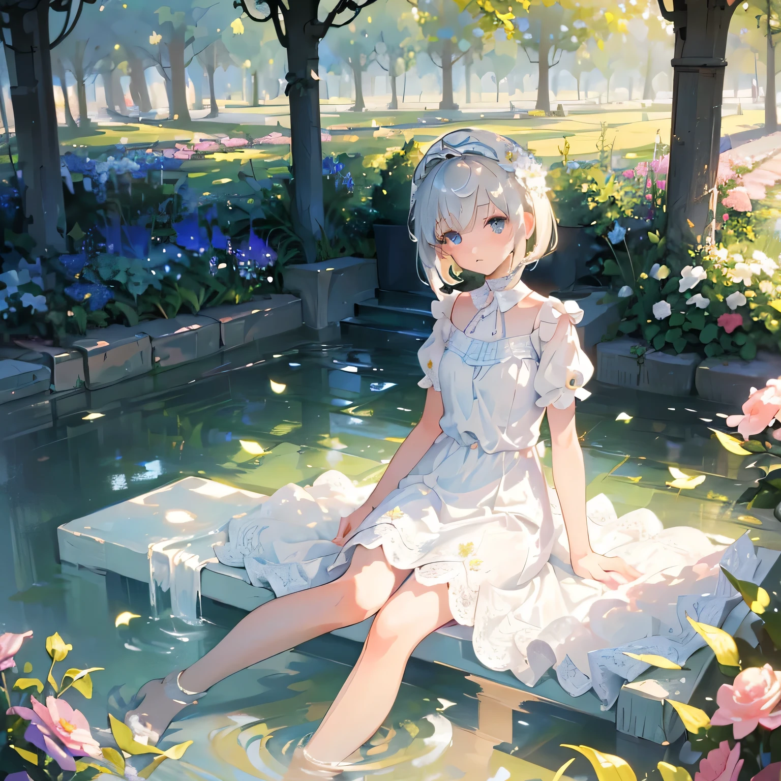((masterpiece:1.4, best quality)), ((masterpiece, best quality)),beautiful pixie cut silver blonde hair,little cute girl,full body, sitting in the sun,taking a nap, ((elegant summer mini dress)), white beautiful elegant hat,very cute,cute eyes,cinematic lighting and pause,beautiful flower park
