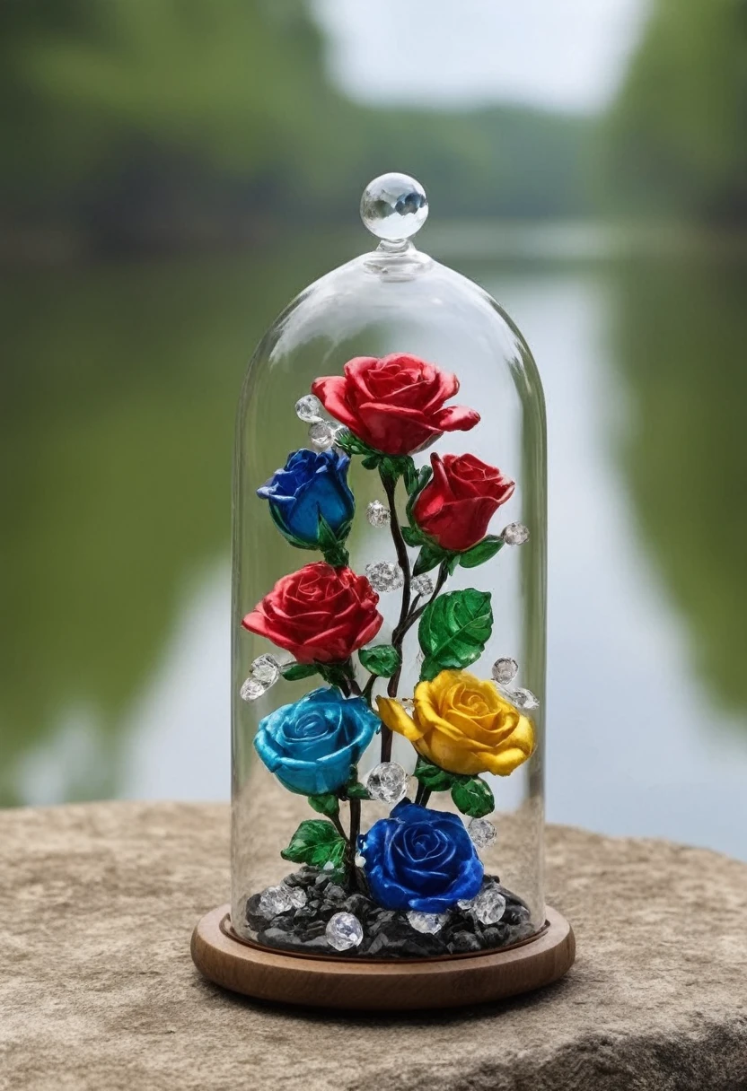 Image of, close,  FlowerMD_jewelry,Chinese_SP Style,Colorful roses with gemstones and diamonds in a jar on rocks near a lake,Water Drop,  Gemstone Leaf, Golden ,Faint Light, Front view ,movie 