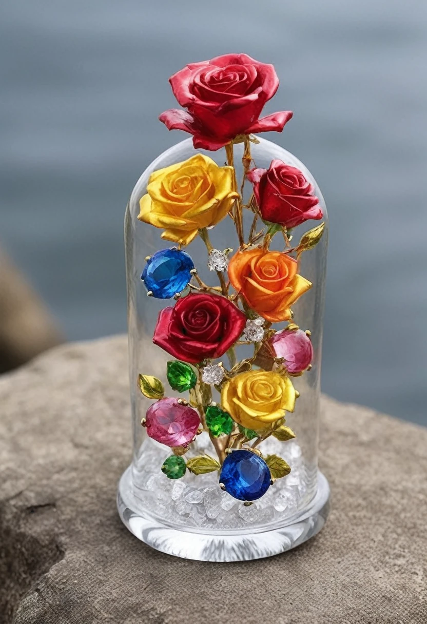 Image of, close,  FlowerMD_jewelry,Chinese_SP Style,Colorful roses with gemstones and diamonds in a jar on rocks near a lake,Water Drop,  Gemstone Leaf, Golden ,Faint Light, Front view ,movie 