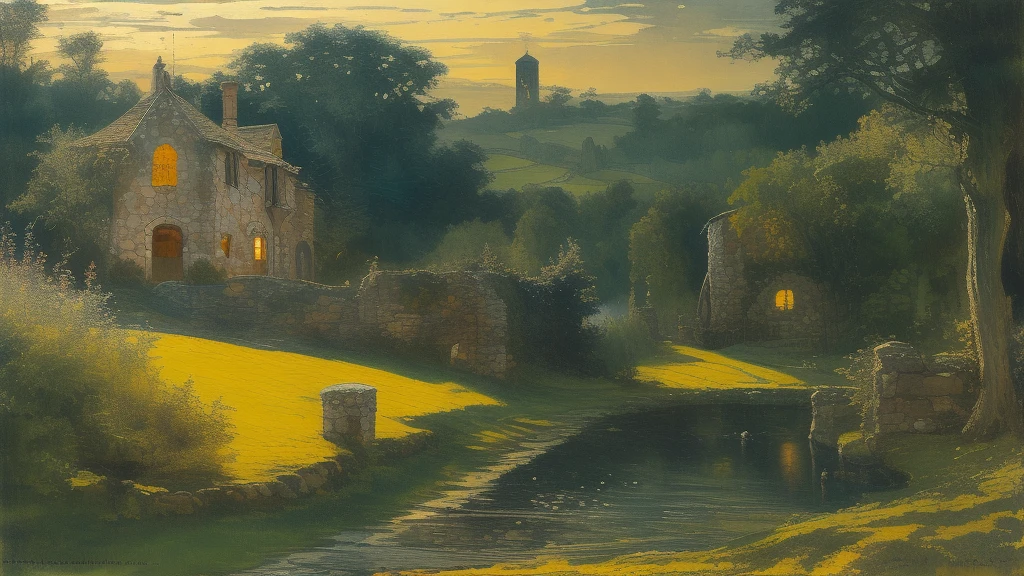 masterpiece,best quality,outdoor,landscape,style of Edwin Austin ,illustration, medieval village, next to a forest