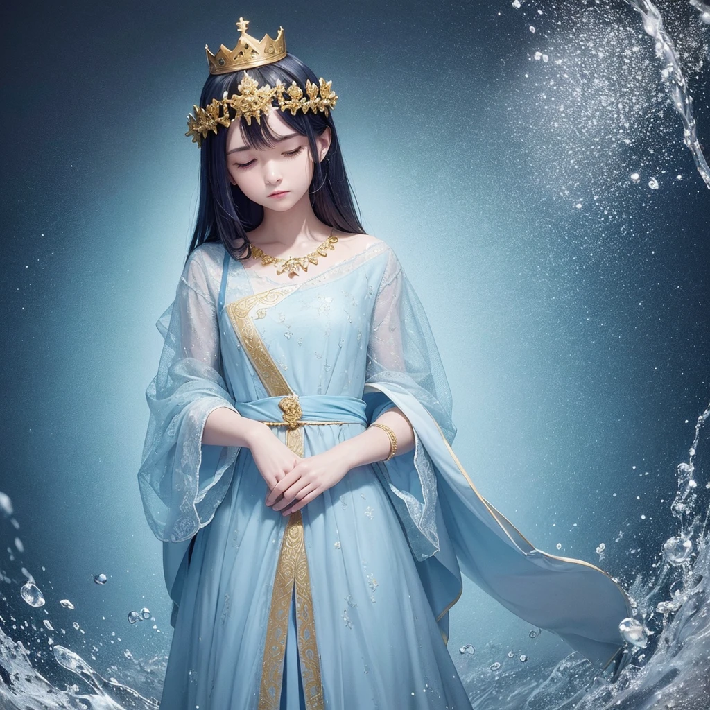 A child standing with a golden crown on their head. The should have closed eyes or be blindfolded, adding an element of mystery.
The crown should be highlighted, keeping the gold as a contrast to the predominant colors. Tones of blue (dark blue, royal blue, sky blue) and white as the main colors. Include golden details (such as the crown) to highlight certain elements. Incorporate subtle textures or patterns in braille, in a light blue or white tone, to add an extra layer of depth to the image. Utilize blurs and image duplications to create a movement or distortion effect around the , similar to the original art.
Maintain a background that artistically mixes blue and black, perhaps with brush strokes or smudges to create an abstract environment. High resolution 8k for rich details and textures.
Soft lighting with strong contrasts between the main elements and the background.
The image should inspire a sense of introspection and mysticism, capturing the viewer's attention and inviting them to explore the hidden details and meanings in the art.