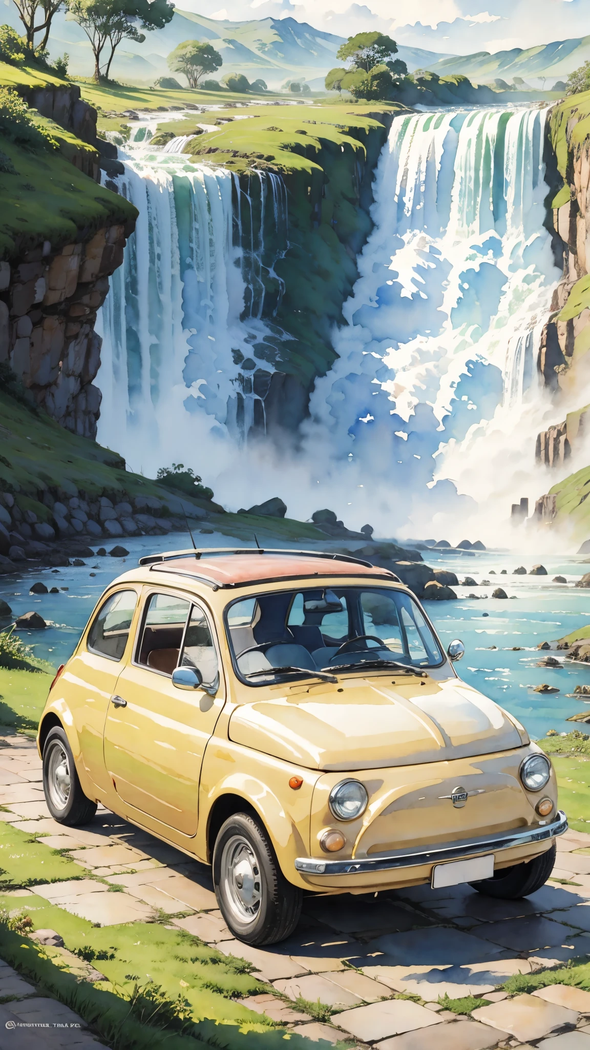 (masterpiece:1.2, Highest quality),(Very detailed),(((watercolor))),8K,wallpaper,Cream-colored Fiat 500,Argentina,Ride through Iguazu National Park,(((Ghibli style))),透明watercolor