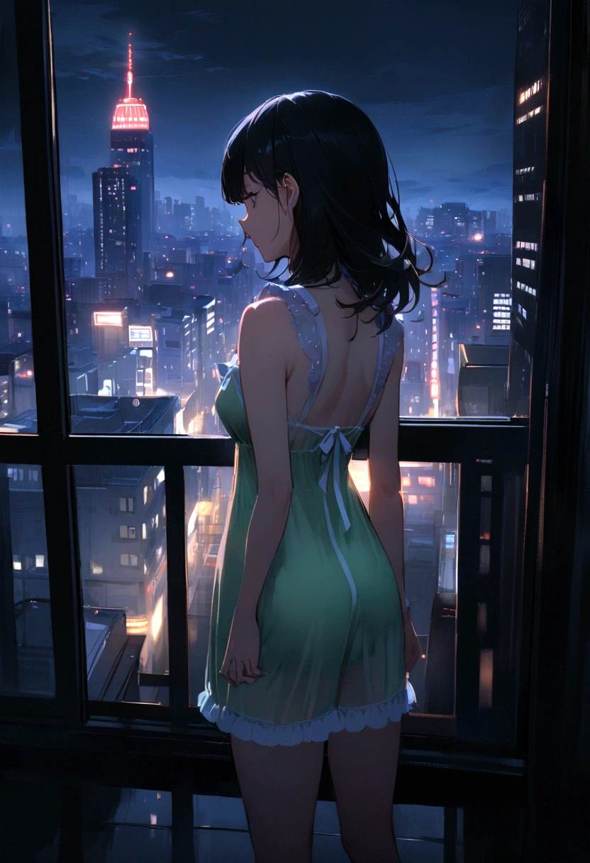 girl, sleepwear lingerie dress, city night, Balcony of the apartment on the 20th floor, Moment of calm.