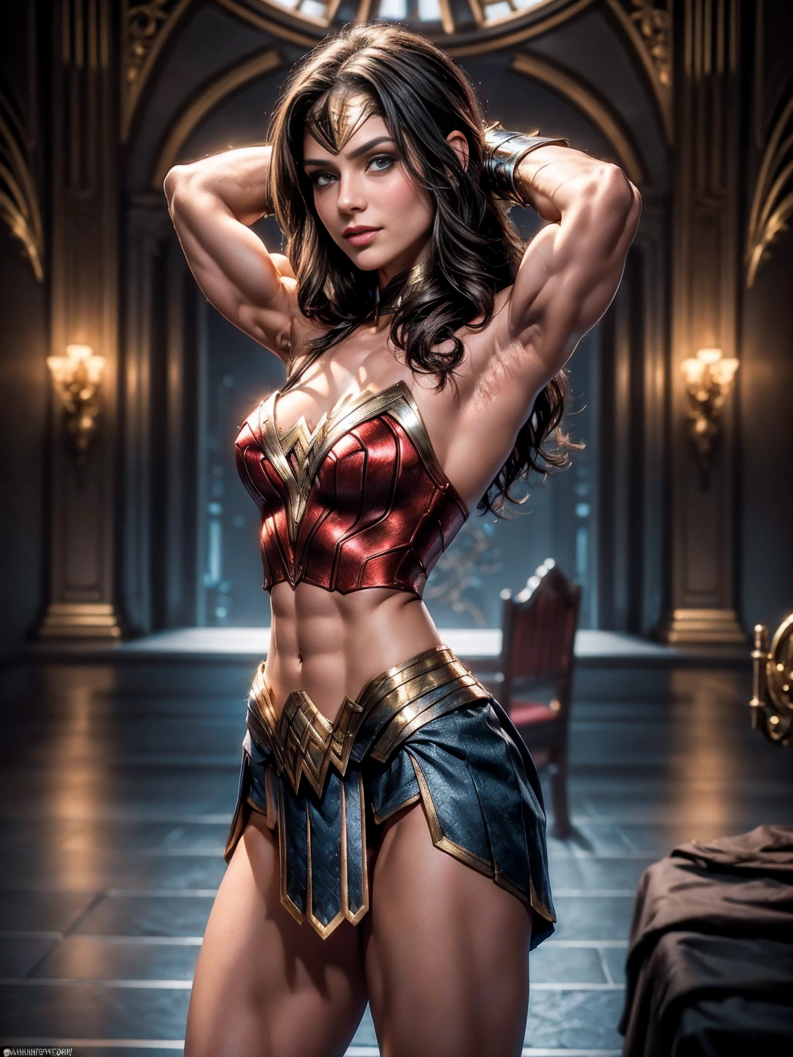 Cute, gorgeous, Caucasian girl, fit, (muscular:1.2), 19, , (flexing biceps:1.5), abs, slender, slim, long flowing brown hair, blue eyes, glamorous, seductive, stunning, flawless, perfect, beautiful, cute, pretty, makeup, flirtatious smile, full body, (dressed as Wonder Woman), masterpiece, 8k, highly detailed, sexy, SLR lighting, SLR camera, ultra-quality, sharpness, depth of field, film grain (center), Fujifilm XT3, crystal clear, frame center, beautiful face, sharp focus, detailed skin pores, (tiny waist:1.3), colorful, hyper-detail, dramatic light, intricate detail, photograph by arny freytag, standing, side view, perfect hands, (arms raised), (flexing bicep pose), sexy, small boned, (dainty:1.5), nsfw, lithe, busty, cleavage, (realistic, hyperrealistic:1.4), intricate, high detail