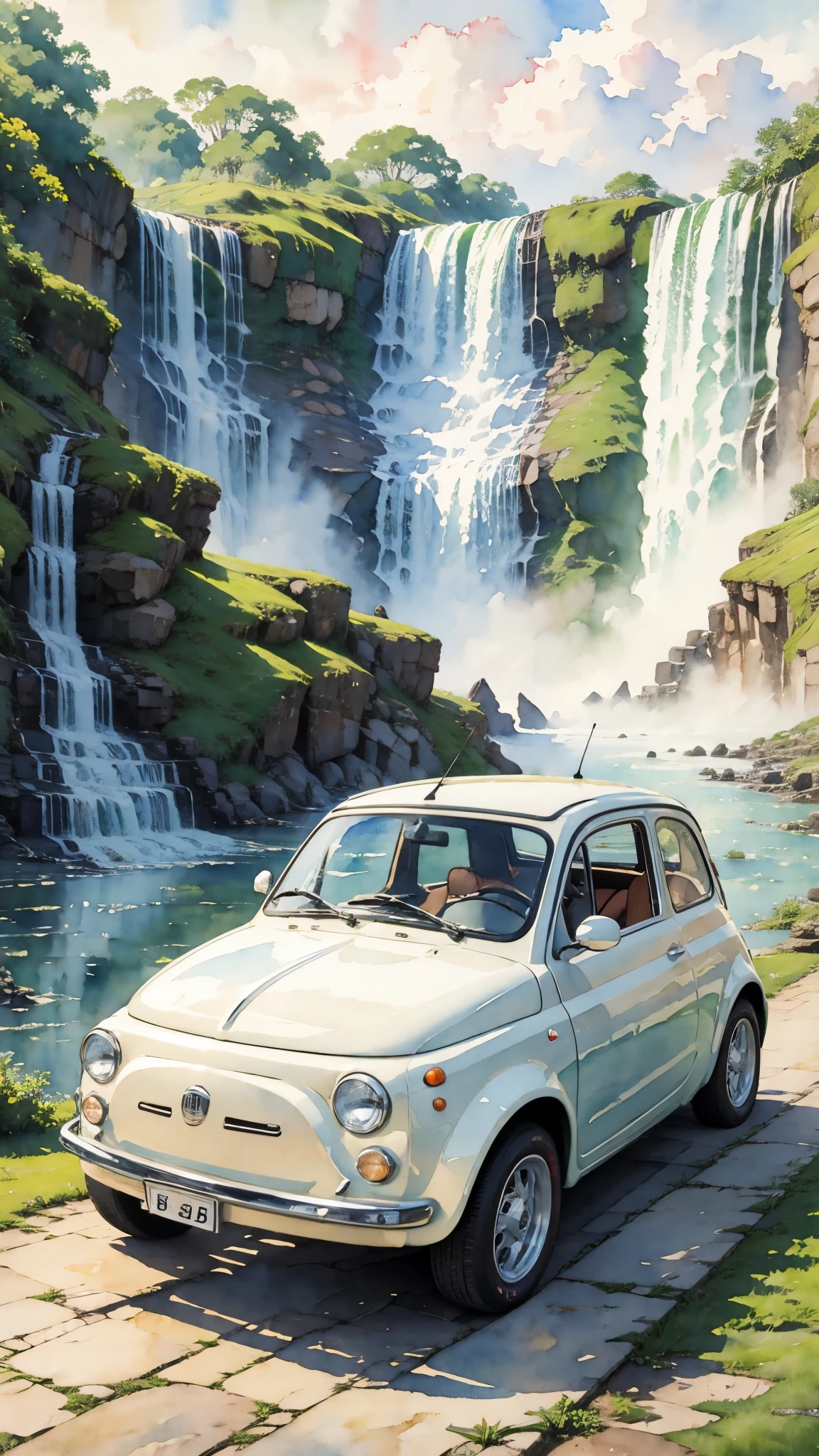 (masterpiece:1.2, Highest quality),(Very detailed),(((watercolor))),8K,wallpaper,Cream-colored Fiat 500,Argentina,Ride through Iguazu National Park,(((Ghibli style))),透明watercolor