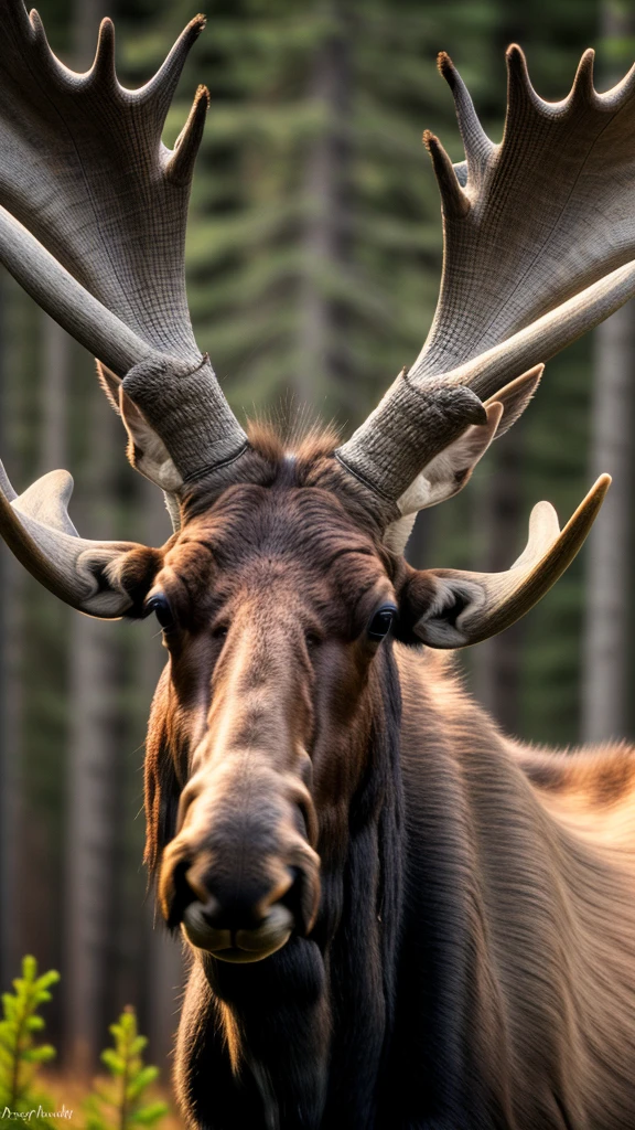 portrait of a surprised moose with great horns,bottom view,Outdoors,ral-swarcrystl,8k,F2.8,RAW Photo,ultra detailed,soft lighting,real life,ultra detailed