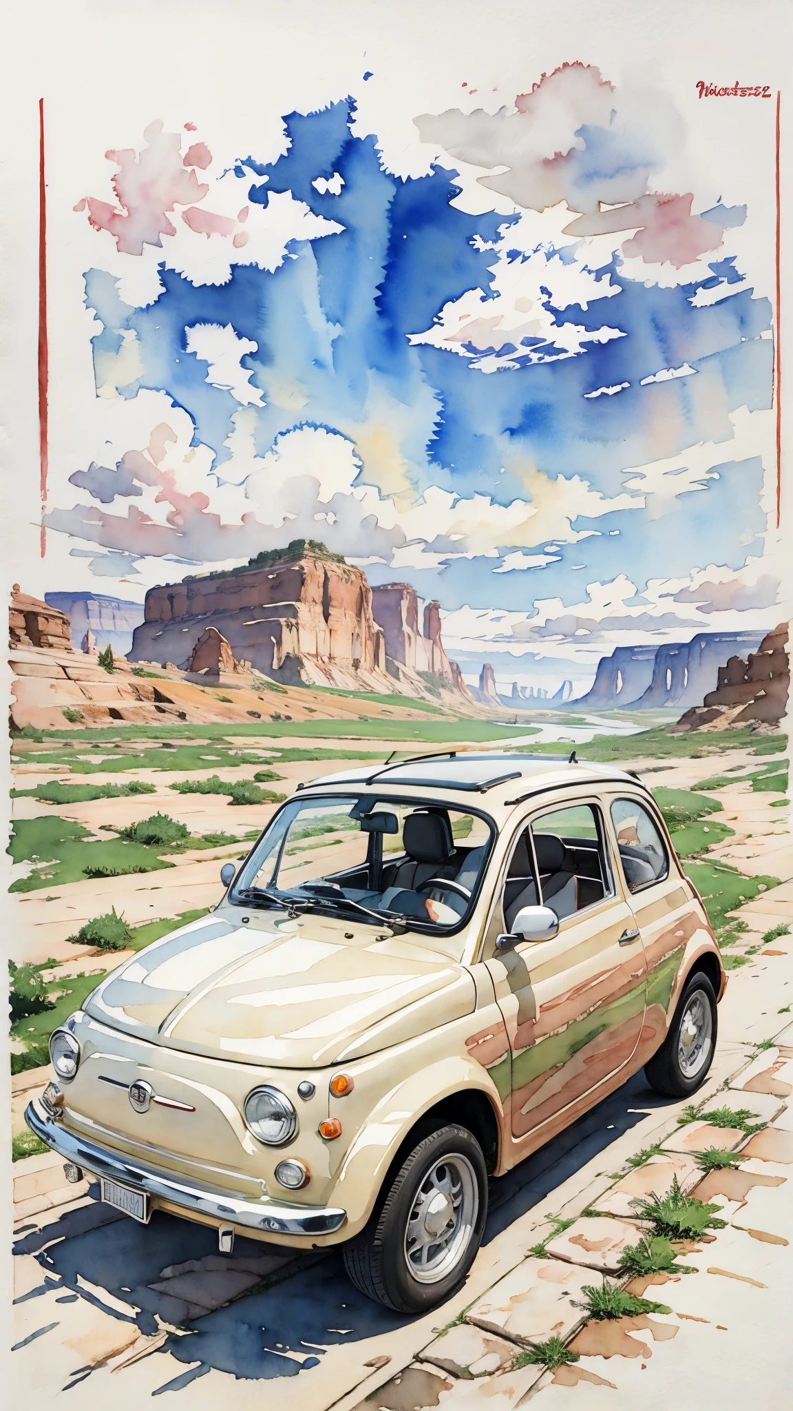 (masterpiece:1.2, Highest quality),(Very detailed),(((watercolor))),8K,wallpaper,Cream-colored Fiat 500,America,Driving through Grand Canyon National Park,(((Ghibli style))),透明watercolor