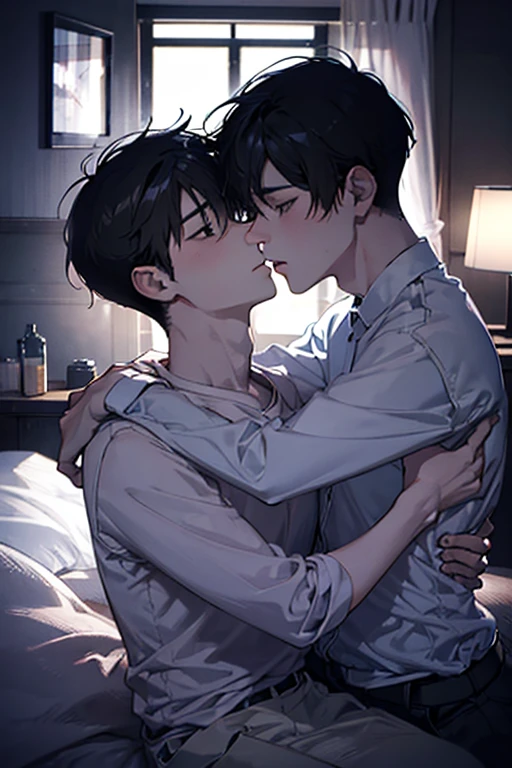 Two gay boys kissing, Shoulders and neck, Sweatをかいた, hot, hug, Sexy,  Stayed, bedroom, bed, in bed, Dark Room, lamp, Lie, Face to face,NSFW, Sweat, Abdominal muscles