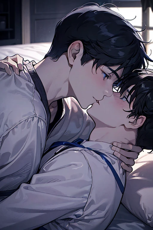 Two gay boys kissing, Shoulders and neck, Sweatをかいた, hot, hug, Sexy,  Stayed, bedroom, bed, in bed, Dark Room, lamp, Lie, Face to face,NSFW, Sweat, Abdominal muscles