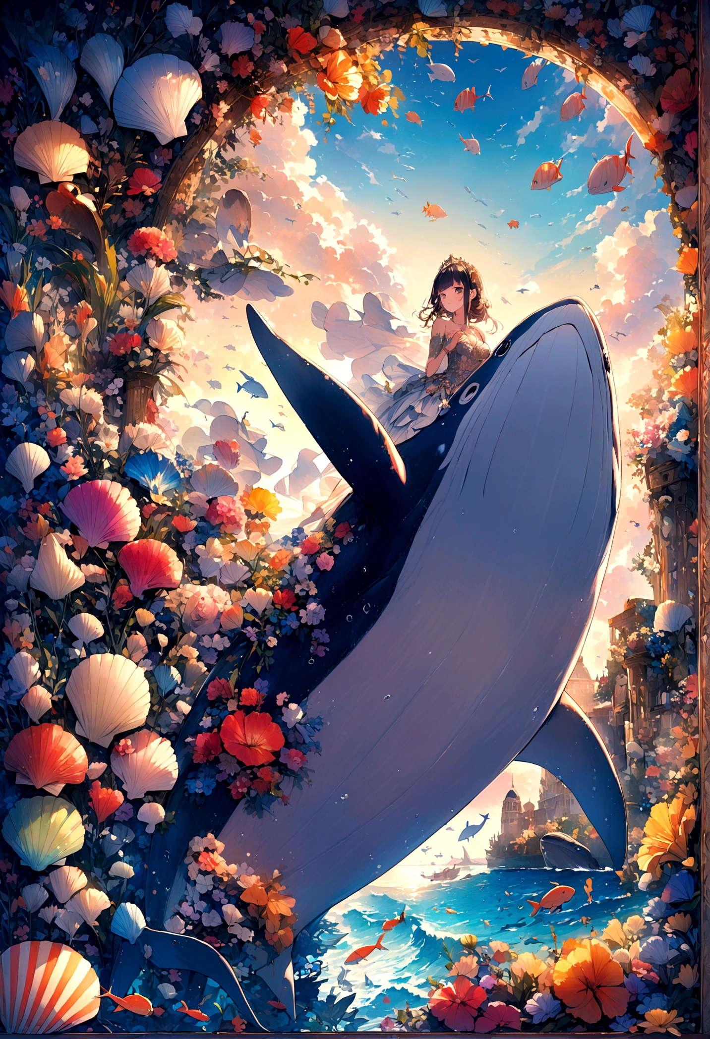Ocean、The majestic figure of a whale、shell、Colorful、bright