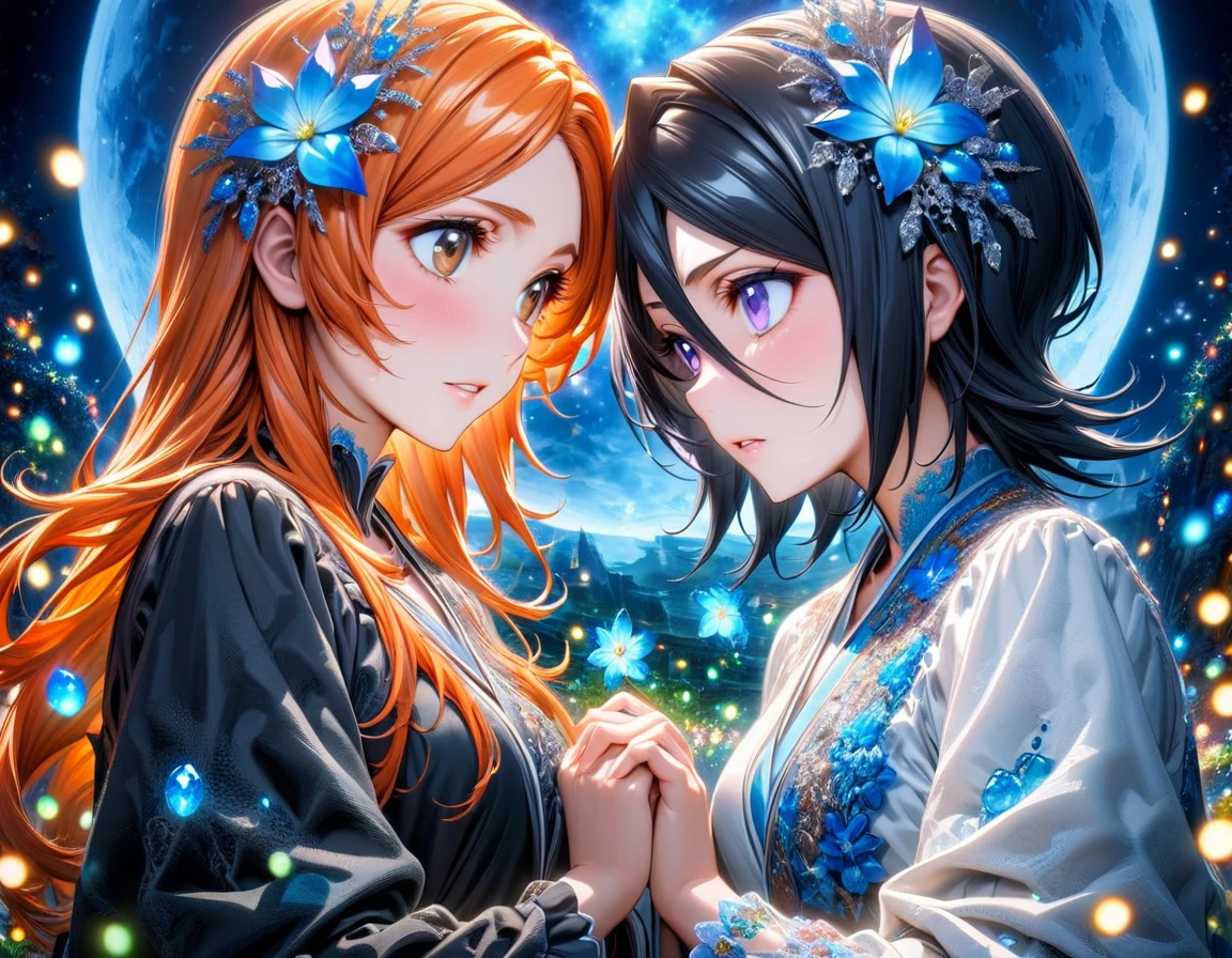absurdres, highres, ultra detailed, HDR, masterpiece, Kuchiki Rukia, black hair, expressive purple eyes, Bleach, Inoue Orihime, long orange hair, expressive brown eyes, two women together, beautiful, black clothes, white clothes, magical, fantasy, blue moon, starry, blue fireflies, blue flowers