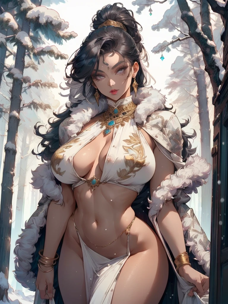 woman,1 woman,((milf,mom,mature,mature woman,45 years old,woman,adult)),((((Indian girl)))),(big breasts:1.5),saggy breasts,(((hair black:1.4,straight hair,long ponytail hair:1.4,Colored inner hair))),(((silver_Eyes:1.3))),intricate Eyes,beautiful detailed Eyes,symmetrical Eyes,((((dark skin:1.4 ,bright skin:1.5,bright skin:1.5,tanned skin,bright skin,very glowing skin,bright body,bright skin)))),(spider lower abdomen,narrow waist,wide hips,bimbo body,inflated legs), (((detailed face))), (cute,slutty,sensual,seductive look,seductive,((Erotic)),opulent,sumptuous,eagerly,(nsfw)), queen,goddess,fantasy,(arab clothing, harem, arabic dancing girl,belly dancer outfit,slave,read slave outfit,jewelry,transparent thong,pelvic drape,belly,bracelets,),((eyeshadow,elegant makeup,eyelid makeup,gold lips,gold lipstick )),((Transparent cloth:1.1)), (((Sexy fur coat, fur coat outfit, wearing a fur coat:1.3,winter coat))),(arabian jewelry,intricate necklace),(( (intricate outfit,intricate clothes,embroidered clothing,ornate clothing))), (dynamic pose:1.0),Embarrassed,(centered,size to fit dimensions,rule of thirds), ((snowy pine forest at night)), with dark and stormy clouds,winter,scenery:1.25,((snow forest background)),christmas tree,high resolution,sharp focus,(ultra detailed,extremely detailed),(photorealistic art:1.37),(extremely detailed CG unity 8k wallpaper),(((vibrant colors,vibrant theme))),(intricate),(Artwork),(best quality),