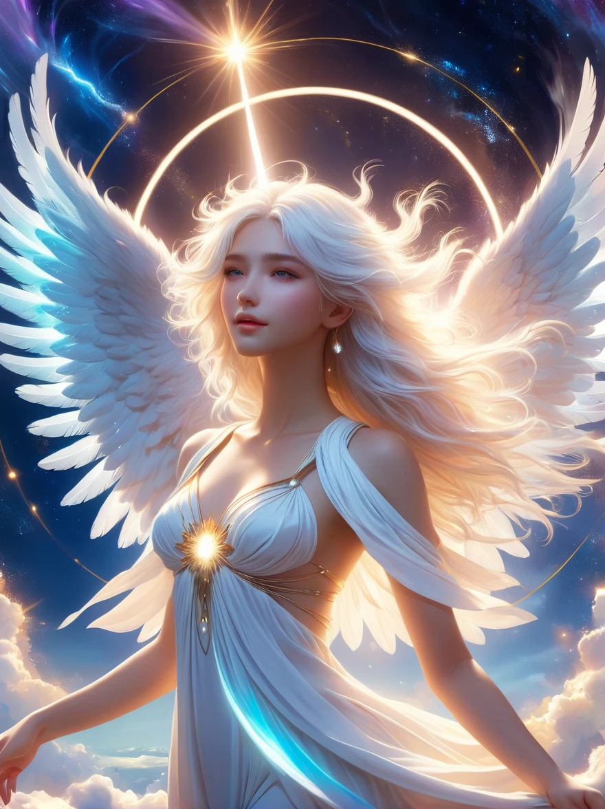1xknh1, (full-body shot:1.4), A goddess with a white halo above her head,white haire,ethereal  beauty,glowing,angel,exploding light,infinite light and love,full body