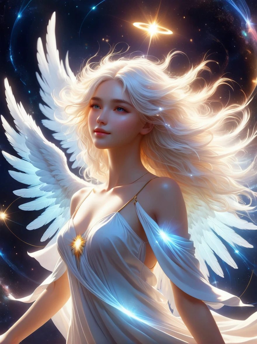1xknh1, (full-body shot:1.4), A goddess with a white halo above her head,white haire,ethereal beauty,glowing,angel,exploding light,infinite light and love,full body