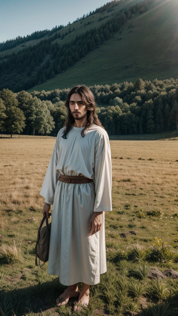 Jesus Christ in a field looking at the camera