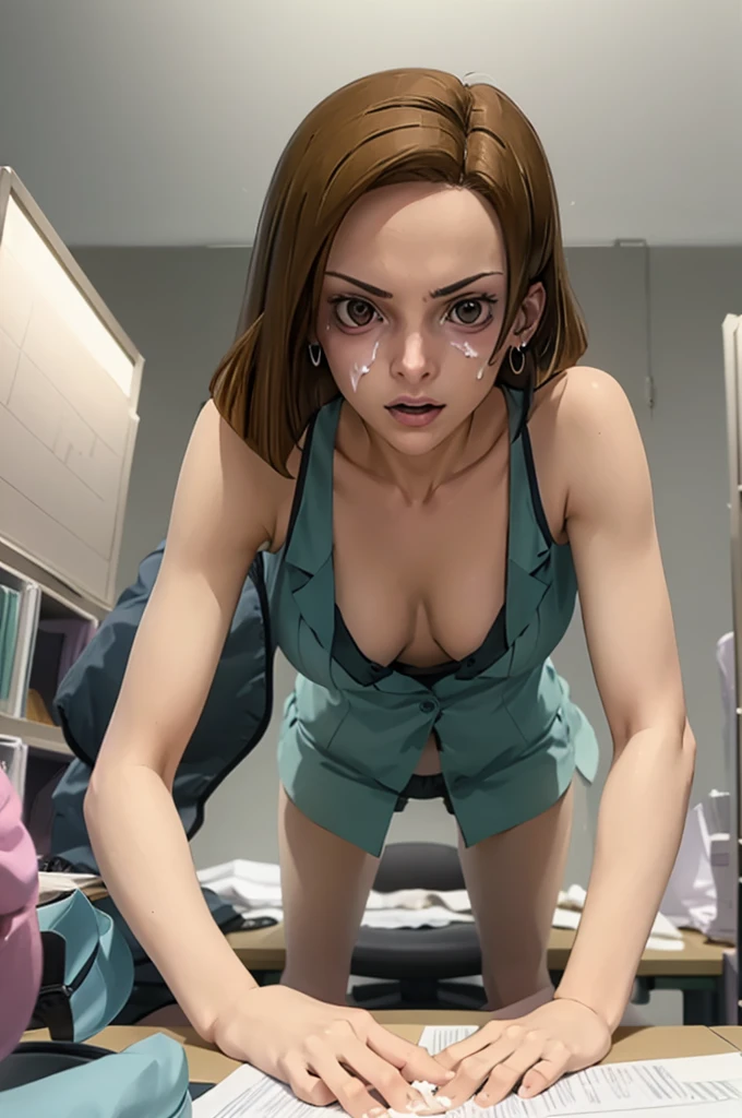 masterpiece, best quality, kinue, earrings, no shirt, no pants, cowboy shot, sitting, desk, chair, office, looking at viewer, cum all over her face,