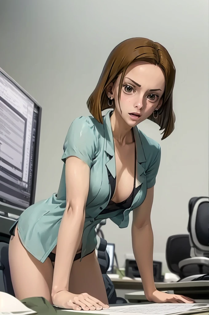 masterpiece, best quality, kinue, earrings, no shirt, no  pants, cowboy shot, sitting, desk, chair, office, looking at viewer, cum all over her face,