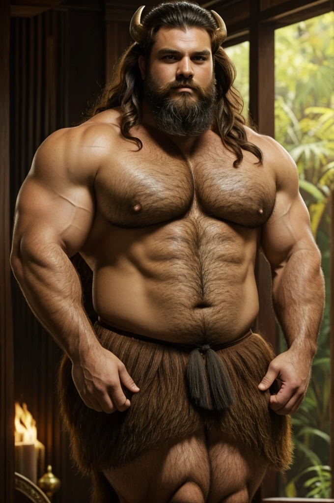 A large broad muscular man with long dark-brown hair that looks like a lion's mane and a medium sized beard, he has very large water buffalo like horns on his forehead and a large golden scale covered dragon tail that was a thick as a tree, he doesn't cover his chest and has a harem of busty big breasted and thick thighed women following him