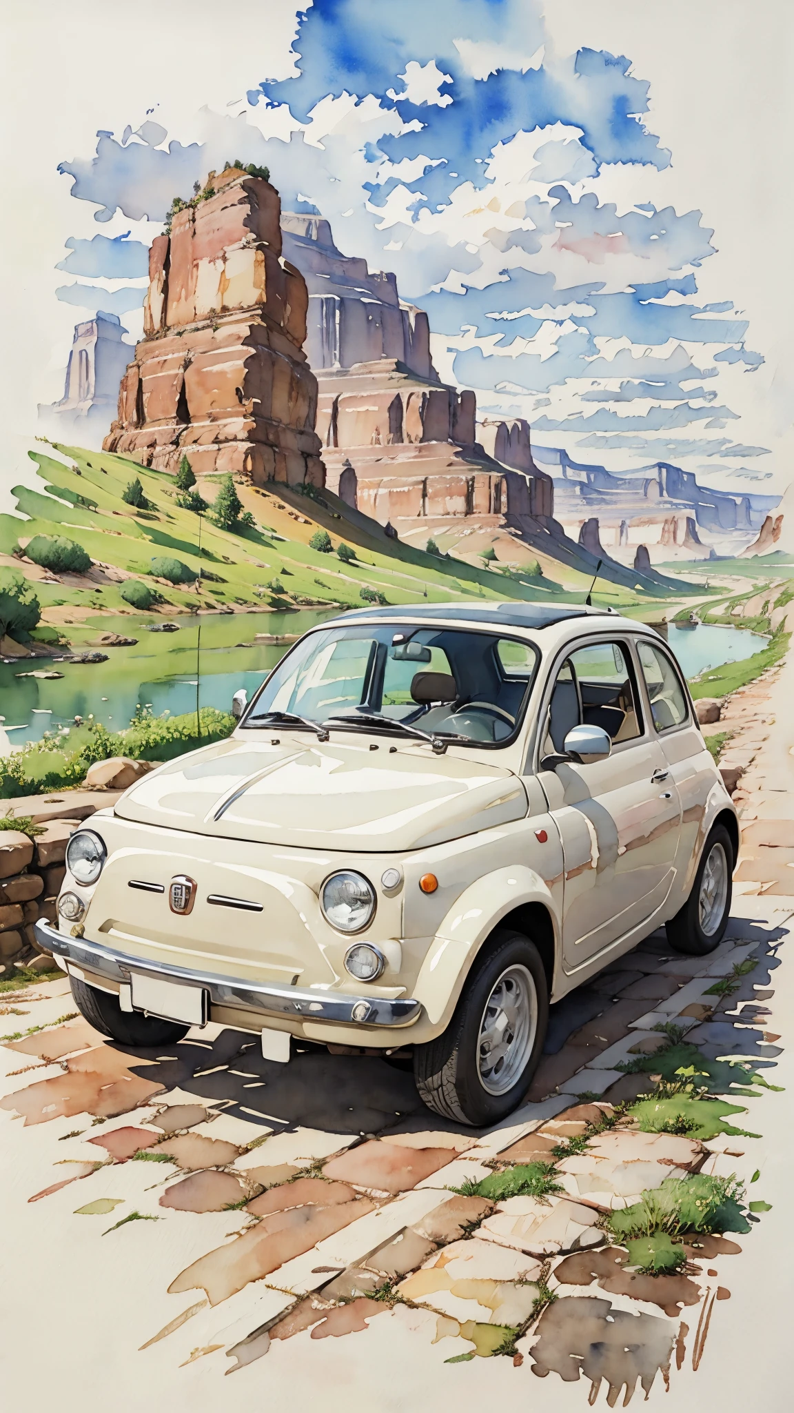 (masterpiece:1.2, Highest quality),(Very detailed),(((watercolor))),8K,wallpaper,Cream-colored Fiat 500,America,Driving through Grand Canyon National Park,(((Ghibli style))),透明watercolor