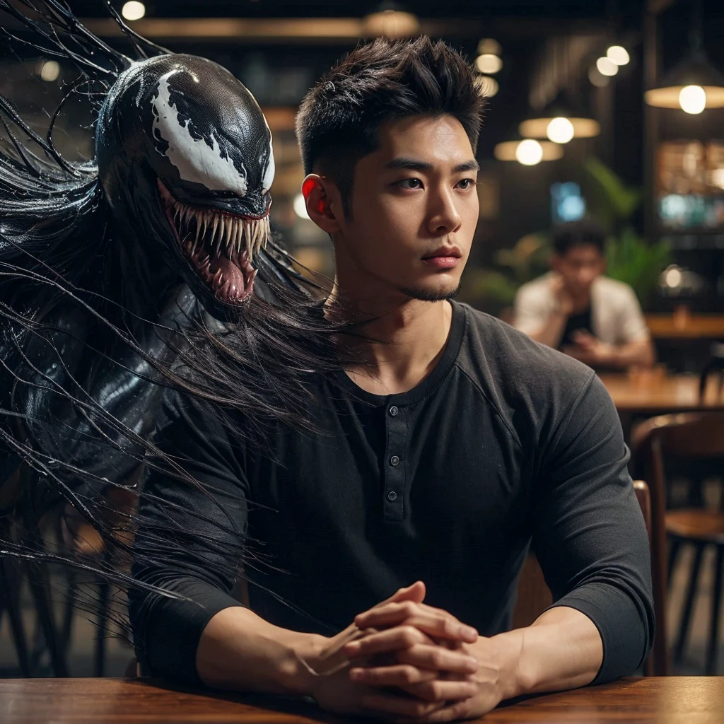 hyper realist asian man ,25 years old, short and spiky hair, wearing a black Reglan t-shirt, sitting relaxed in a cafe while his body emits a black creature called venom. ,tense atmosphere ,UHD,cinematic,4k,ultra realistic