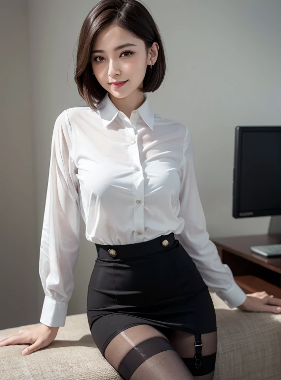 (8K, Highest quality, masterpiece:1.2), (Realistic, Realistic:1.37), Super detailed, 1 Girl, whole body, Outdoor, (Tuned Hair:1.5) office lady, black office blazer, Office Skirt, (pantyhose: 1.2), (Short Button Down Shirt: 1.2), Button-up collar prim, Button-down collar prim, good, (pantyhose: 1.2), Alpha Layer, High heels, Beautiful earrings, cute, alone, Beautifully detailed skies, (smile: 1.15), (Mouth closed), Small breasts, Beautiful attention to detail, business suit, (short hair: 1.2), Floating Hair NovaFrogStyle,garter belt、Mature, long face、whole body画像、Natural color garter stockings、Garter belt